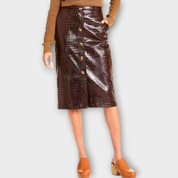 Rachel Comey Womens Midi Sz 8 Faux Leather Snakeskin Skirt Chicory Coffee Leathe - Picture 1 of 9
